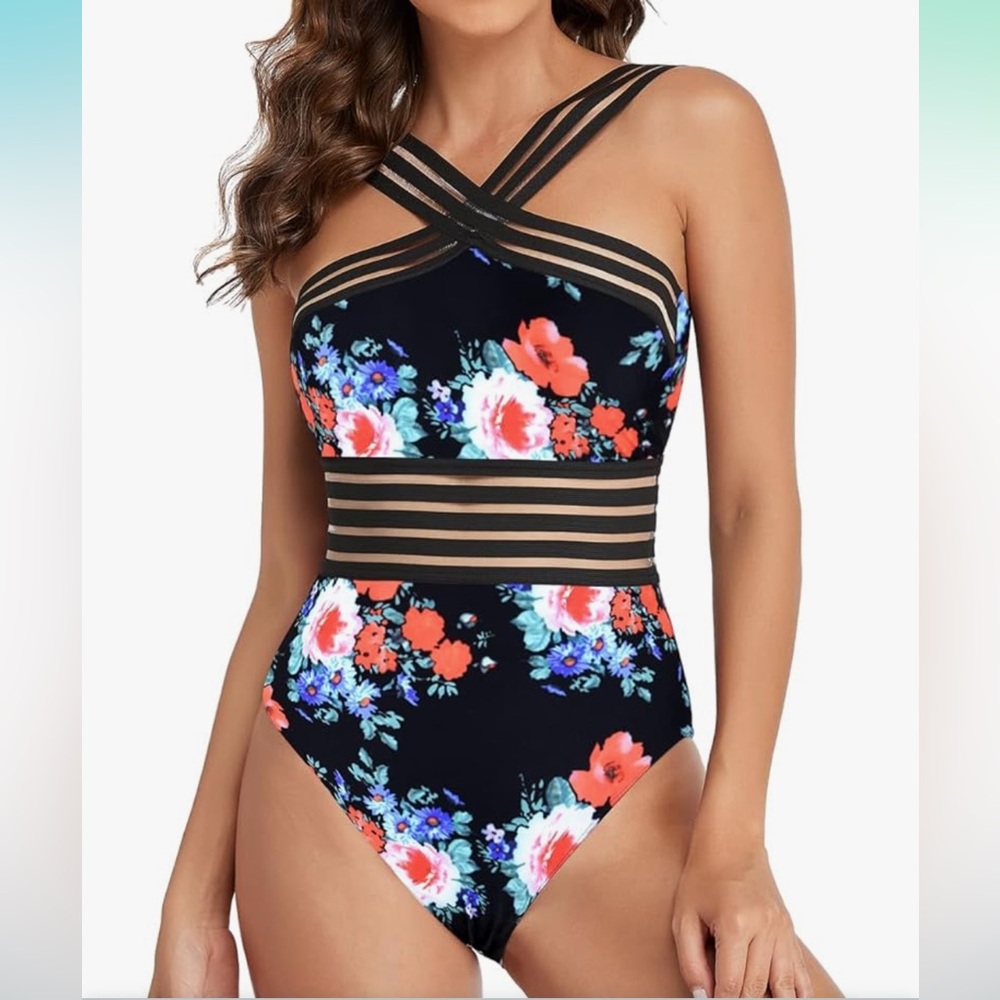 Hilor Women's One Piece Swimsuit Slimming High Waisted Floral Crossover Small
